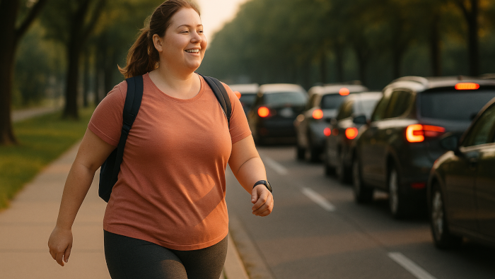 Eine Frau geht zu Fuß und gutgelaunt an einer Auto-Kolonne vorbei. Sie ist schneller als die Autos, und sie wird fit dabei.