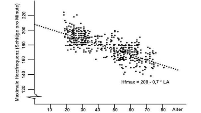 Verteilung der empirischen Daten zu maximaler Herzfrequenz und Alter. Die Grafik gibt einen Eindruck, es gibt viel Varianz