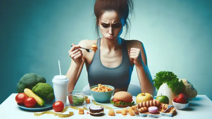 Eine sportliche Frau hat Heißhunger am Abend. Sie ist unzufrieden, kann aber nicht aufhören, ungesunde Sachen zu essen.