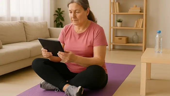 Fitness zu Hause 2 Eine Frau sitzt zu Hause in ihrem Wohnzimmer auf einer Fitnessmatte und studiert ihre Übungsanleitung auf einem Tablet.