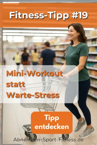 Eine Frau wartet an der Kasse im Supermarkt. Sie nutzt die Zeit, um auf der Stelle zu laufen.