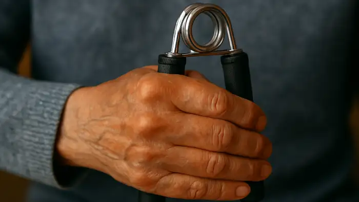 Eine Hand drückt einen Handtrainer zusammen: Training der Griffkraft