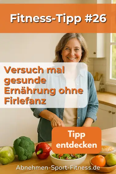 Eine Frau steht in der Küche und schneidet Gemüse. Dazu Text: Versuch mal gesunde Ernährung ohne Firlefanz
