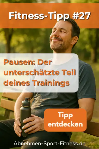 Ein Mann in Sportkleidung sitzt mit geschlossenen Augen auf einer Parkbank, ganz entspannt. Dazu Text: Pausen: der unterschätzte Teil deines Trainings