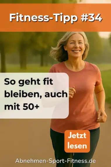 tipp-#34 Eine Frau MItte 50 joggt im Park. Dazu Text: Fitness-Tipp #34. So geht fit bleiben, auch mit 50+