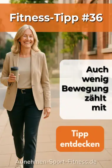 Eine Frau geht ein wenig zu Fuß, Coffee-to-go in der Hand. Dazu Text: Auch wenig Bewegung zählt mit
