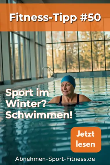 Eine Frau schwimmt im Hallenbad. Dazu Text: Sport im Winter? Schwimmen!