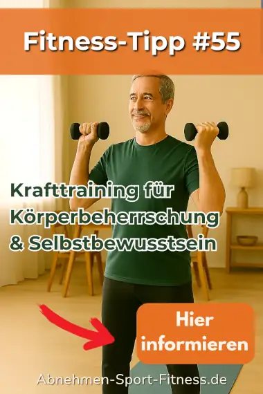 Ein älterer Mann trainiert mit Kurzhanteln. Dazu Text: Krafttraining für Körperbeherrschung und Selbstbewusstsein.