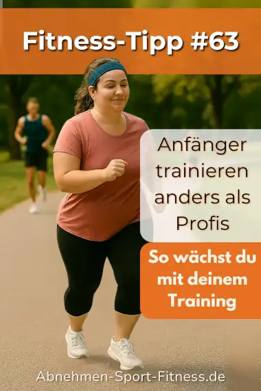 Eine Laufanfängerin joggt langsam. Dazu Text: Anfänger trainieren anders als Profis. So wächst du mit deinem Training