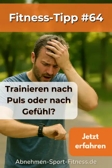 Ein geschwitzter Mann in Trainingskleidung schaut auf seine Pulsuhr, fasst sich an den Kopf. Dazu Text: Trainieren nach Puls oder nach Gefühl?