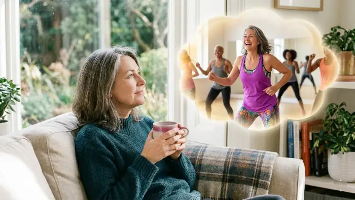 fitnessziele-finden Eine Frau sitzt entspannt auf dem Sofa, denkt darüber nach, was ihr Fitnessziel sein könnte. Sie stellt sich vor, es könnte Tanz oder Zumba sein. Der Gedanke gefällt ihr