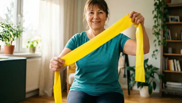 gelbes-fitnessband Eine Frau hält ein gelbes Fitnessband. Leichter Widerstand für Anfänger