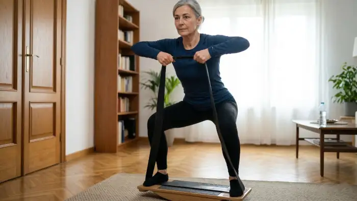 Eine 60-jährige Frau trainiert ihre Maximalkraft mit einem Fitnessband.